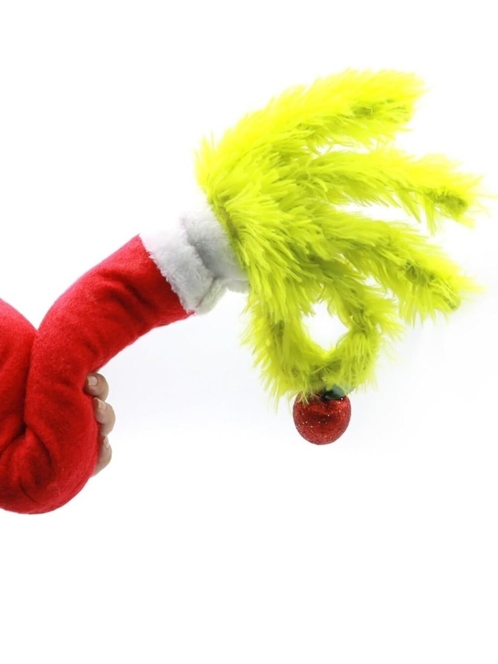 Festive Green Furry Grinch-Style Hand Prop with Red Ornament, EUC